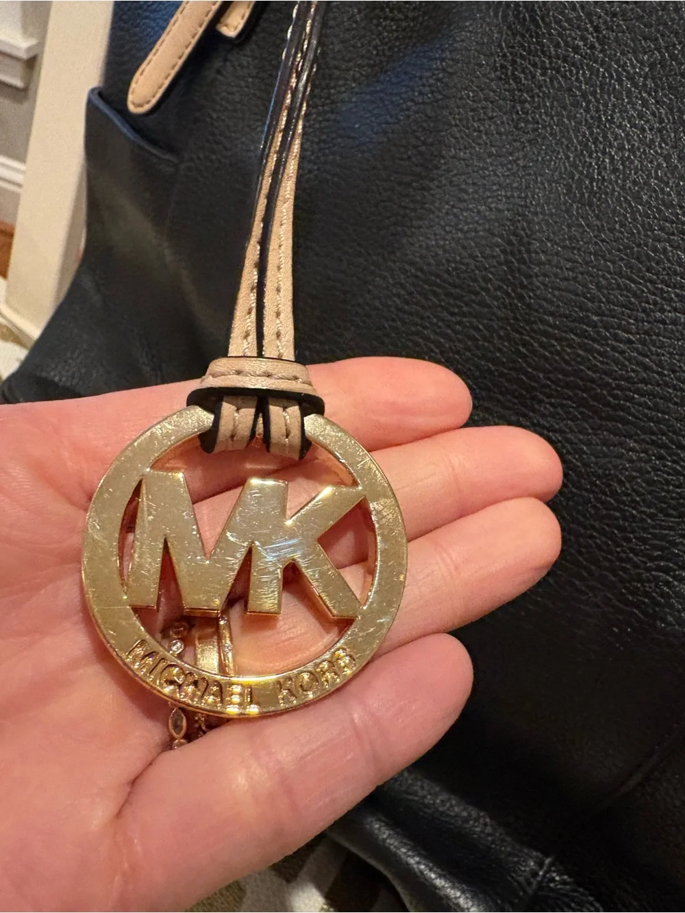 Michael Kors Black Leather Tote with Tan Straps and Gold MK Charm
